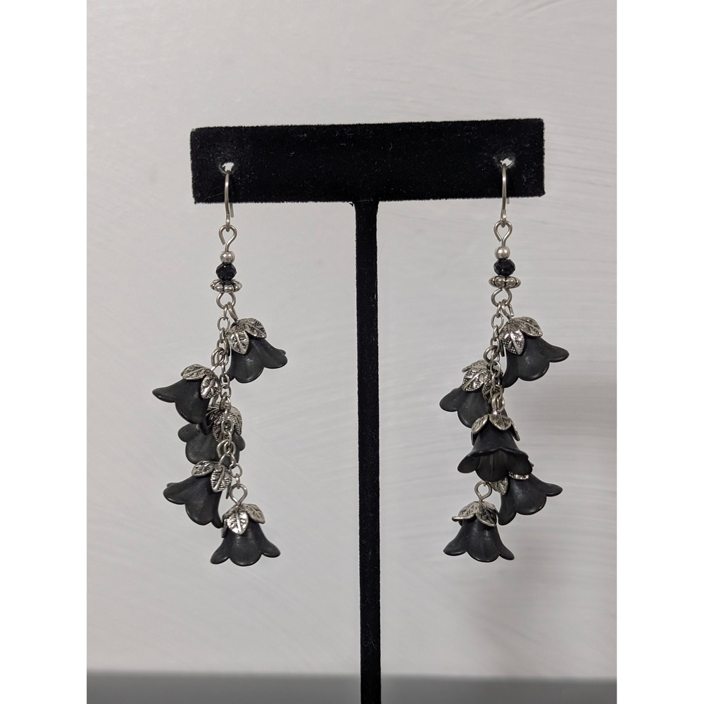 Retro Black Lucite Flower Cluster Dangle Earrings Silver Tone Goth Floral